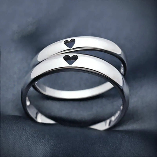 His & Her Love Heart Couple Matching Silver Rings