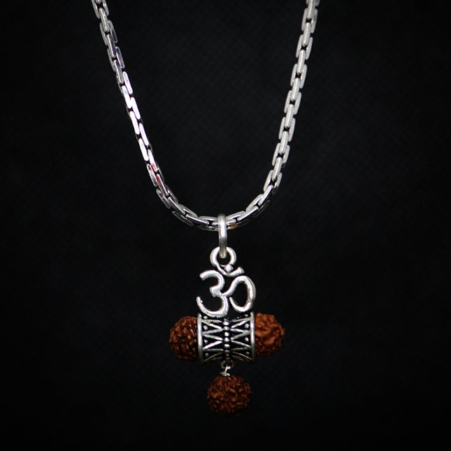 Om Damru Rudraksha Pendent with Silver Handmade Chain