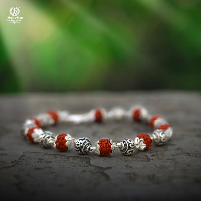 Rudraksha Om Beads Silver Bracelet