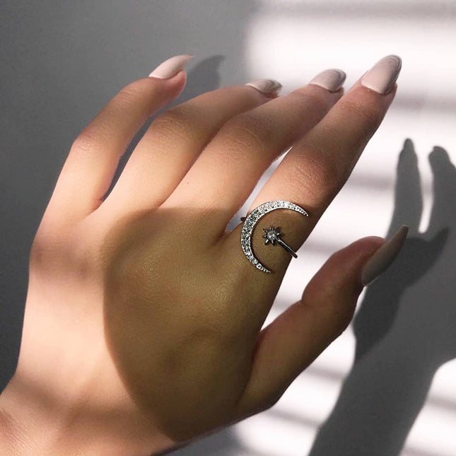 Crescent Moon & Star Adjustable Silver Ring