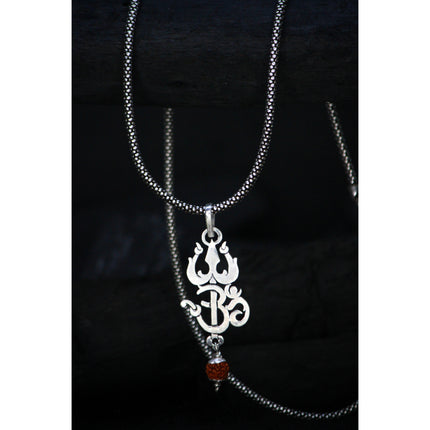 Trishul Om Pendant With Rudraksha  + Oxidised Chain