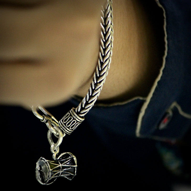 Silver Om Damru Brass Black Leather Bracelet for Men | FashionCrab.com